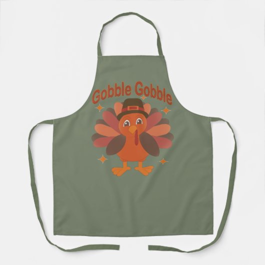 Cute Thanksgiving Turkey Cartoon – “Gobble Gobble” エプロン (正面)