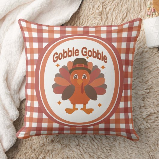 Cute Thanksgiving Turkey Cartoon – “Gobble Gobble” クッション (ブランケット)