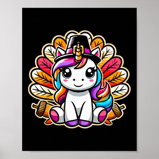 Cute Thanksgiving Unicorn Pilgrim Hat Turkey Girls ポスター (正面)
