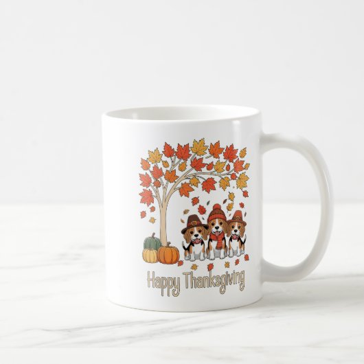 Cute Three Beagle Dogs Pumpkins Fall Tree Happy Th コーヒーマグカップ (右)
