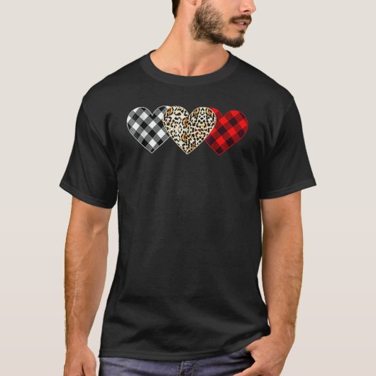 Cute Three Heart Leopard Buffalo Red Black Plaid V Tシャツ (正面)