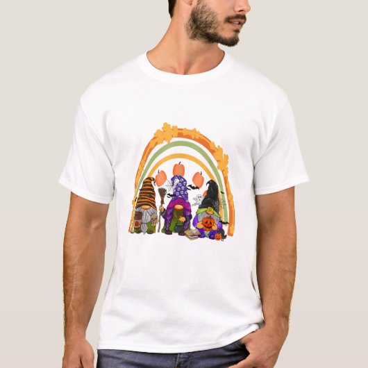 Cute Three Rainbow Gnome Happy Halloween Autumn Fa Tシャツ (正面)