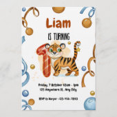 Cute Tiger 1st Birthday Party Invitation 招待状 (正面)