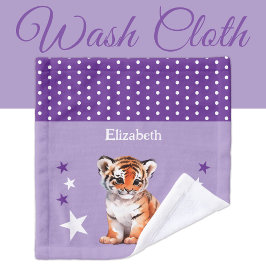 Cute tiger add name polka dots stars purple ウォッシュタオル