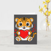 Cute Tiger Holding Heart Kawaii Valentines Day Men カード (黄色い花)
