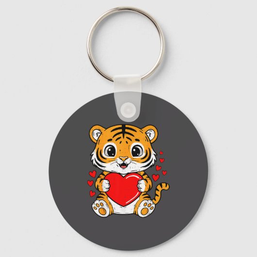 Cute Tiger Holding Heart Kawaii Valentines Day Men キーホルダー (正面)