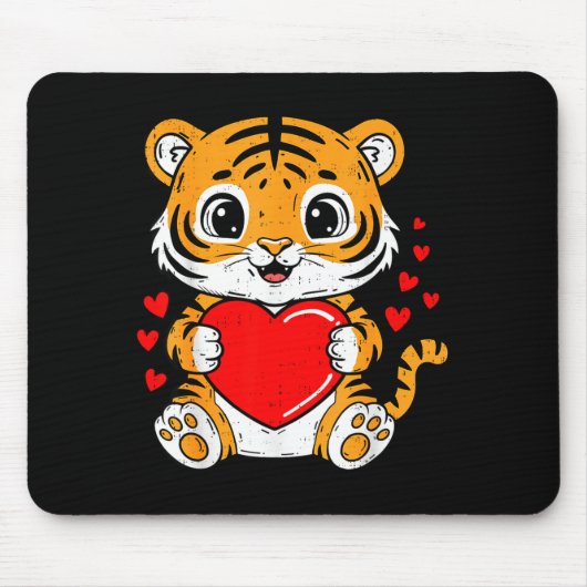 Cute Tiger Holding Heart Kawaii Valentines Day Men マウスパッド (正面)