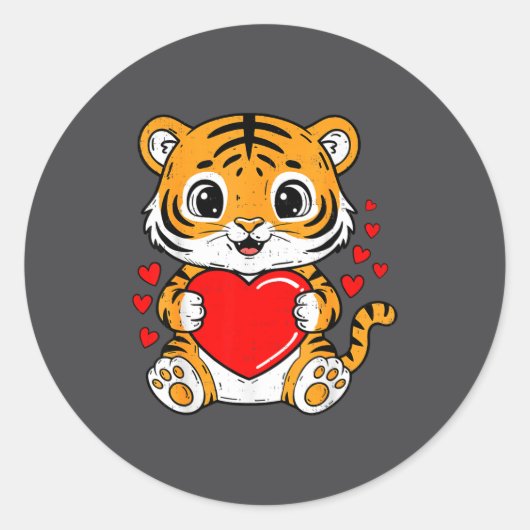 Cute Tiger Holding Heart Kawaii Valentines Day Men ラウンドシール (正面)