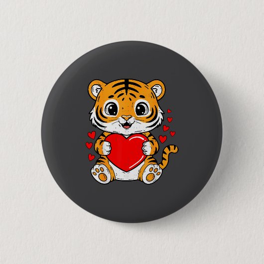 Cute Tiger Holding Heart Kawaii Valentines Day Men 缶バッジ (正面)