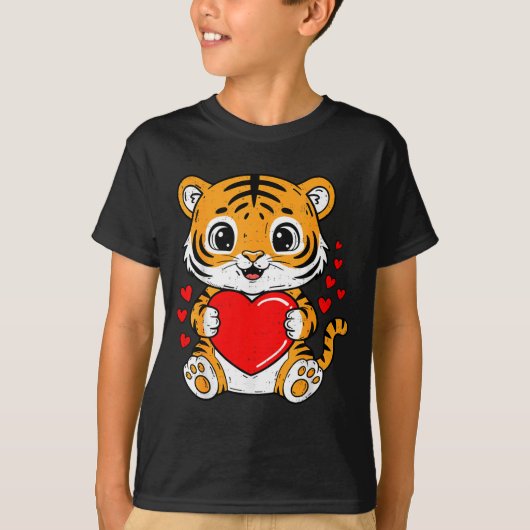 Cute Tiger Holding Heart Kawaii Valentines Day Men Tシャツ (正面)