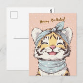 Cute Tiger with Bandana Kids Birthday Invitation ポストカード (正面/裏面)