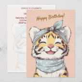 Cute Tiger with Bandana Kids Birthday Invitation 招待状 (正面/裏面)