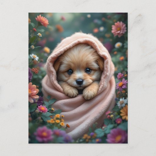 Cute, tiny, fluffy puppy surrounded by flowers ポストカード (正面)