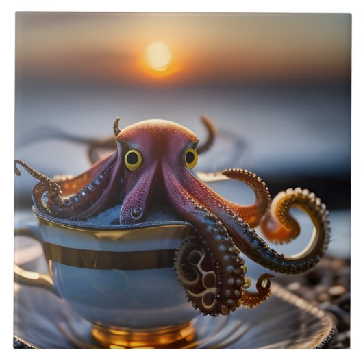  Cute tiny octopus in a teacup at sunrise タイル (正面)