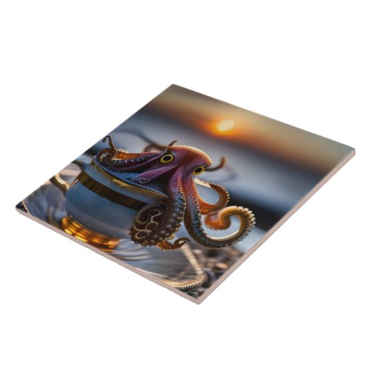  Cute tiny octopus in a teacup at sunrise タイル (側面)