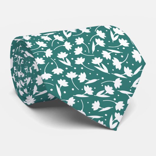 Cute tiny white flower pattern turquoise pattern ネクタイ (ロール)
