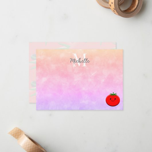 Cute Tomato Watercolor Personalized Monogram ノートカード (正面/裏面インサイチュ)