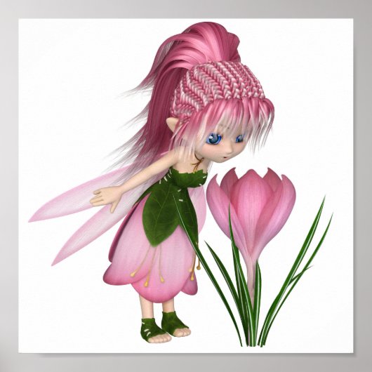 Cute Toon Pink Crocus Fairy, Standing by a Flower ポスター (正面)