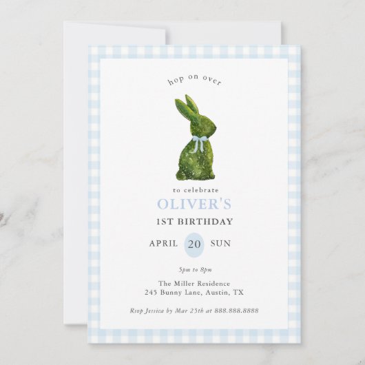 Cute Topiary Bunny blue Gingham Birthday  招待状 (正面)