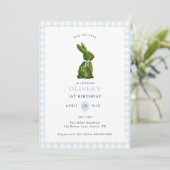 Cute Topiary Bunny blue Gingham Birthday  招待状 (スタンド正面)