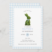 Cute Topiary Bunny blue Gingham Birthday 招待状 (正面/裏面)
