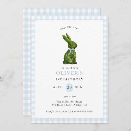Cute Topiary Bunny blue Gingham Birthday  招待状 (正面/裏面)