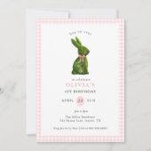 Cute Topiary Bunny Pink Gingham Girl Birthday 招待状 (正面)