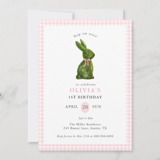 Cute Topiary Bunny Pink Gingham Girl Birthday 招待状 (正面)