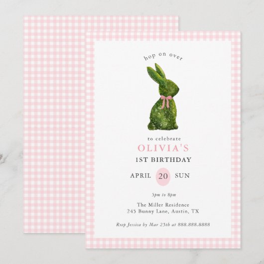 Cute Topiary Bunny Pink Gingham Girl Birthday  招待状 (正面/裏面)