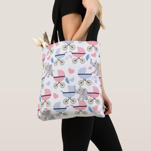 Cute Tote Bag Baby Stroller Elephant Pink & Blue トートバッグ (クローズアップ)