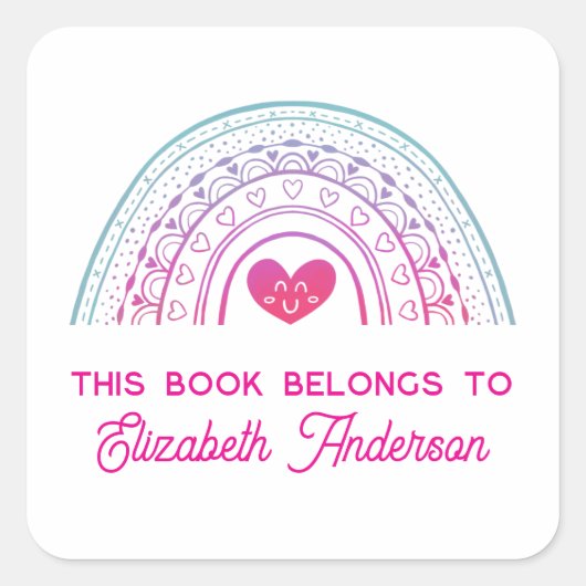 Cute Trendy Boho Rainbow Kids Bookplate スクエアシール (正面)
