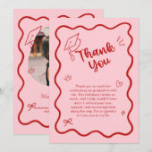 Cute Trendy Pink Wavy Border Graduation サンキューカード (正面/裏面)