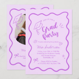 Cute Trendy Pink Wavy Border Graduation Invitation 案内状