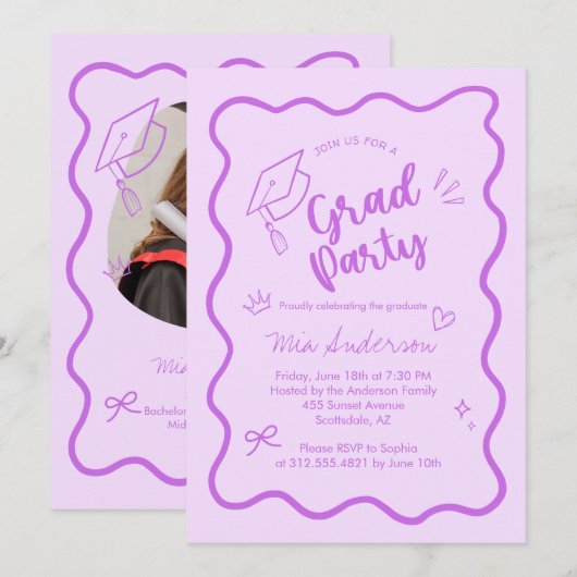 Cute Trendy Pink Wavy Border Graduation Invitation 案内状 (正面/裏面)