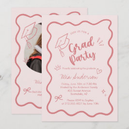 Cute Trendy Pink Wavy Border Graduation Invitation 案内状
