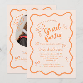 Cute Trendy Pink Wavy Border Graduation Invitation 案内状