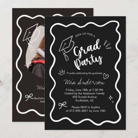 Cute Trendy Pink Wavy Border Graduation Invitation 案内状 (正面/裏面)