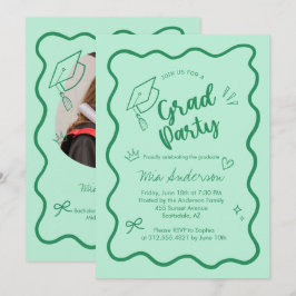 Cute Trendy Pink Wavy Border Graduation Invitation 案内状
