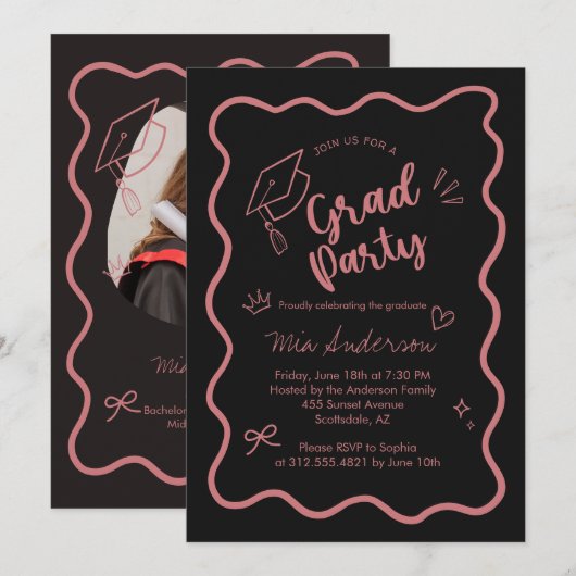 Cute Trendy Pink Wavy Border Graduation Invitation 案内状 (正面/裏面)
