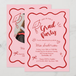 Cute Trendy Pink Wavy Border Graduation Invitation 案内状
