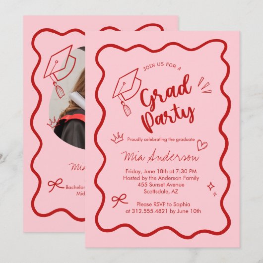 Cute Trendy Pink Wavy Border Graduation Invitation 案内状 (正面/裏面)