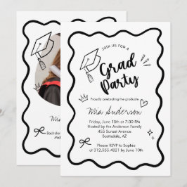 Cute Trendy Pink Wavy Border Graduation Invitation 案内状