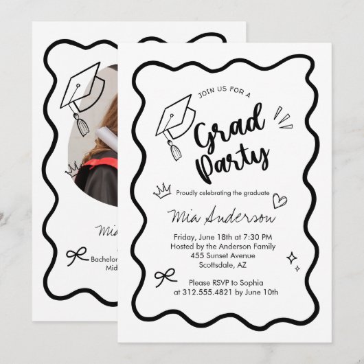 Cute Trendy Pink Wavy Border Graduation Invitation 案内状 (正面/裏面)