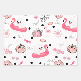 Cute Tropical Halloween - Pink Ghosts & Flamingos ラッピングペーパーシート