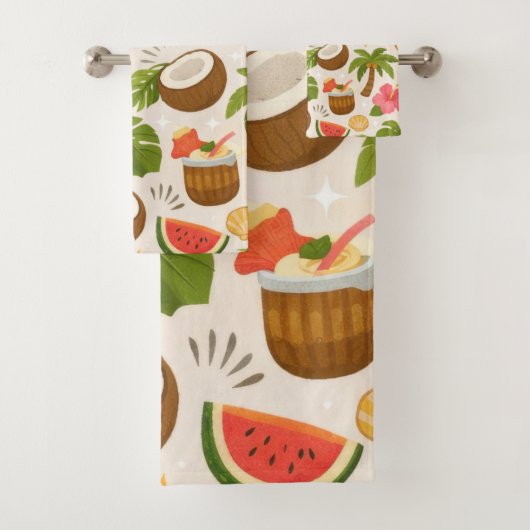 Cute Tropical Summer Pattern with Toucan and Fruit バスタオルセット (インサイチュ)