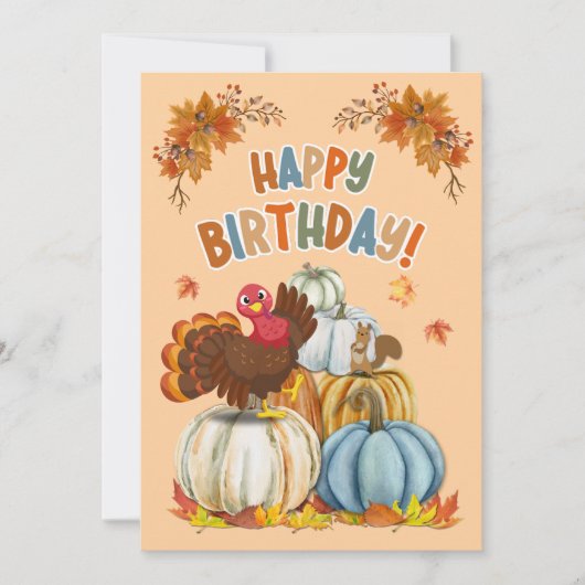 Cute Turkey and Retro Pumpkins Fall Birthday シーズンカード (正面)