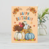 Cute Turkey and Retro Pumpkins Fall Birthday シーズンカード (スタンド正面)