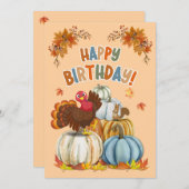 Cute Turkey and Retro Pumpkins Fall Birthday シーズンカード (正面/裏面)