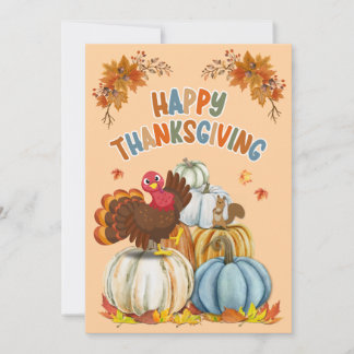 Cute Turkey and Retro Pumpkins Happy Thanksgiving シーズンカード