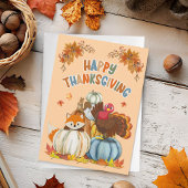 Cute Turkey and Retro Pumpkins Happy Thanksgiving  シーズンカード